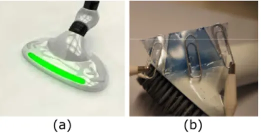 Figure 1. A sketch of vacuum nozzle with  smart material attached on top (a). Our  prototype with electrochromic polymer (b)
