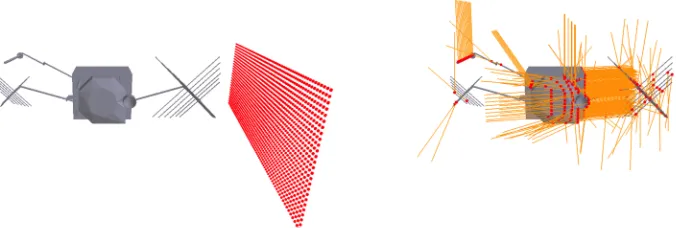 Figure 1. An array of ray origins for a given direction (left) and the intersection points and reflected rays  generated during the ray tracing process (right)