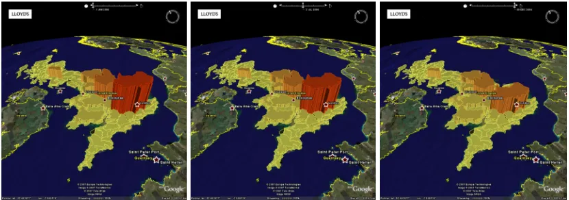 Figure 3: Changes in aggregate exposure by sum insured for flooding areas in 2006 (January, July and December) by UK flooding region (UK Environment agency)
