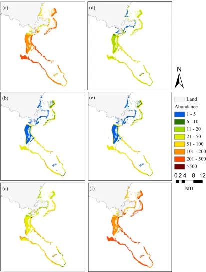 Figure 4.3 Modelled abundance per 2,500 m2 (50 m X 50 m grid cell) for the three most abundant families and by market class in Kubulau District