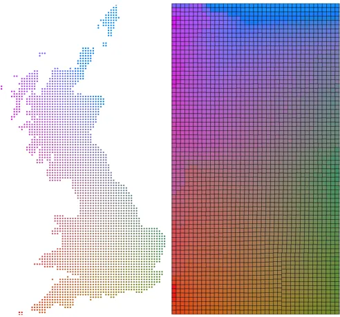 Table 3. Layout statistics for spatial layouts of trial datasets. ‘Simulation’represents the mean of 1000 realizations of 100 log-normal randomlysized nodes with Gaussian locations; ‘France’ represents the 95 de-partements shown in Figure 6; ‘OSGB’ represents the Ordnance SurveyNational Grid squares shown in Figure 8; ‘US Population’ represents theUS states sized according to population shown in Figure 9.
