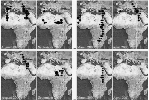 Figure 5. Visualization of aggregated movement speeds of white storks during two migration seasons: 1999/2000 (top) and2000/2001 (bottom)