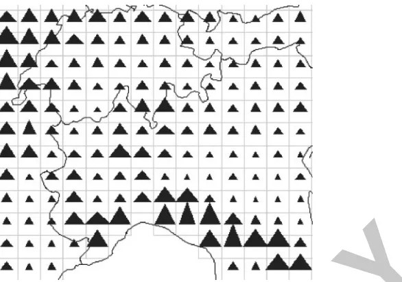 Figure 7. The heights and the widths of the triangle symbols encode the mean values and the variances, respectively,computed for the cells.