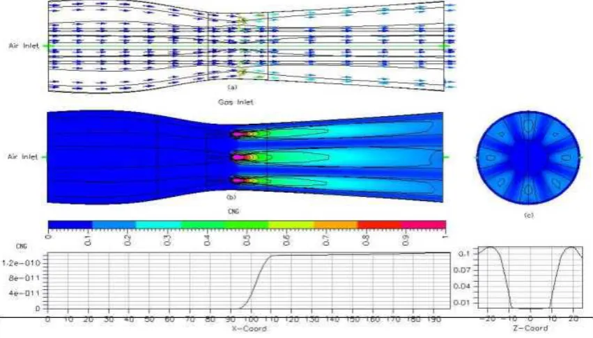Figure 3. Concentration distribution of CNG for the 4-hole Venturi, inlet air velocity 1.5  m/s and outlet pressure -10 Pa
