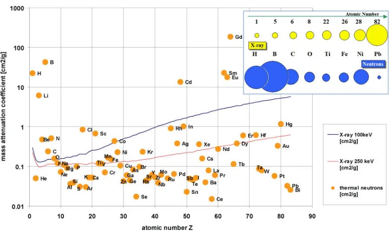 Figure 1.1. A comparison between neutron and X-ray attenuation coefficients [5]. 