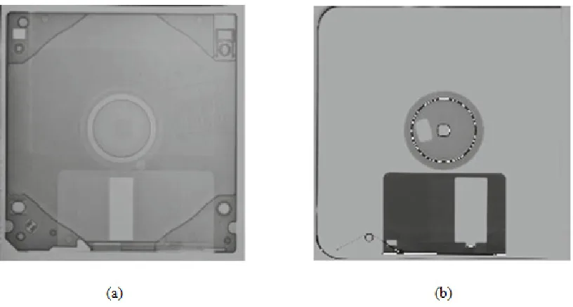 Figure 1.2. Radiograph of a computer floppy disk (a) using neutrons depicting the polymeric low ‘Z’ components clearly, (b) using X-rays depicting metallic components clearly [6]