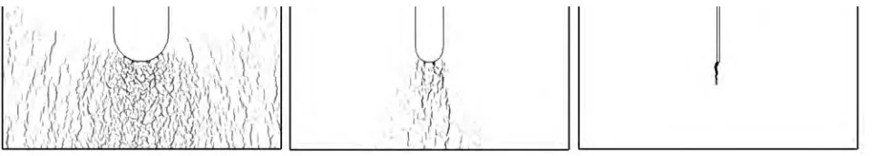 Figure 2.  Theoretical predictions of hydride precipitation near a notch: notch geometry and external load are the same for all three cases, while hydrogen concentrations in solid solution change from the highest at the left, to the lowest at the right