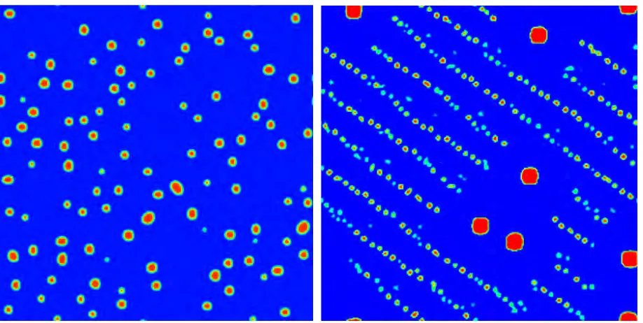 Figure 4.  Computer simulations of void evolutions under irradiation condition in Mo. Left figure: isotropic diffusion for both vacancies and self interstitials