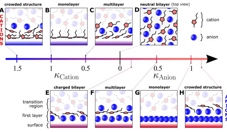 Figure 3: Schematic representation of cations (red pentagons with black tails) and anions(blue balls) packing and orientations close to the electrode (coloured rectangle) at diﬀerentκ-values