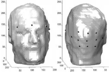 Fig. 3. The 16 electrodes attached on the human head. Views of the arrangement from the front and the back.
