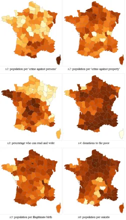 Fig. 1. Unclassified choropleth maps of Guerry’s six key variables. 