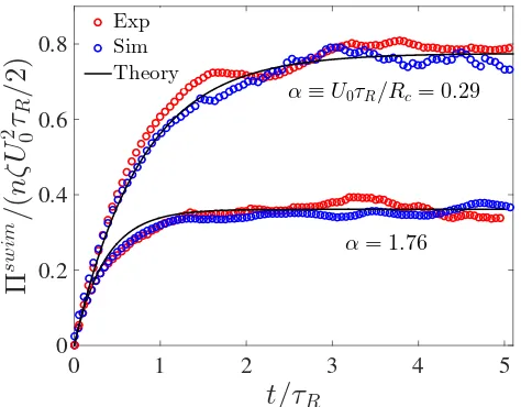 Figure 3.5: Swim pressure of Janus particles in diﬀtrap approximation, and the red and blue symbols are results from experiments andBrownian dynamics simulations, respectively