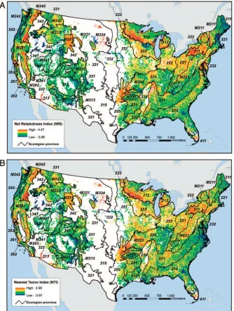 Figure 5.Interpolation of plot-level NRI (A) and NTI (B) across forested areas of the conterminous United States at a pixel resolution of10 km2, with the null community species pool determined by the species present in each province