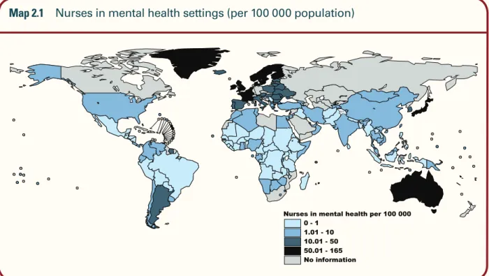 Figure 2.6  Nurses in mental health settings (proportion out of  total nurses by WHO regions)
