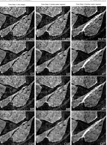 Figure 8. 2D slices of the porous granitic gravel sample showing the ‘dry’ stage (withoutwater) and two subsequent ‘wet’ frames (with water distribution); top to bottom:reconstruction with MLEM method, DT (the noise level is signiﬁcantly reduced), BMusing the x-ray CT data as a prior (though the resolution is improved the noise level ishigh) and CDT method where resolution is improved and blotchiness is alleviated.