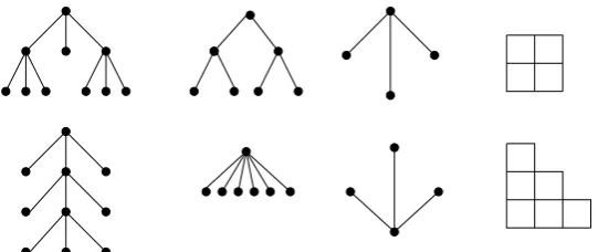Fig. 17 Examples of symmetric ternary, even, and non-crossing trees, and diagonally convexdirected polyominoes.