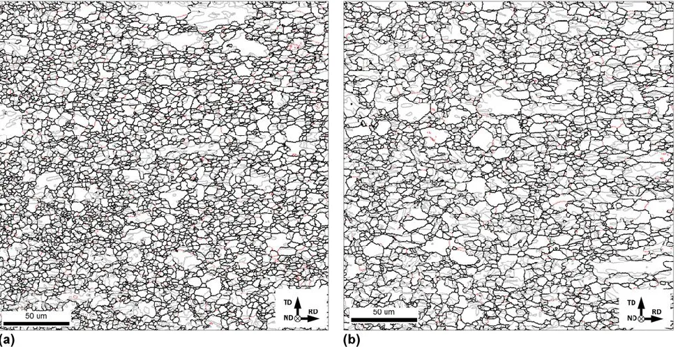 FIG. 5. Selected portions of EBSD grain-boundary maps showing the typical microstructure in (a) the central part of the HAZ of the pulsed material and (b) the material statically recrystallized at 300 °C for 1 h.6 In the maps, red, black, and gray lines de