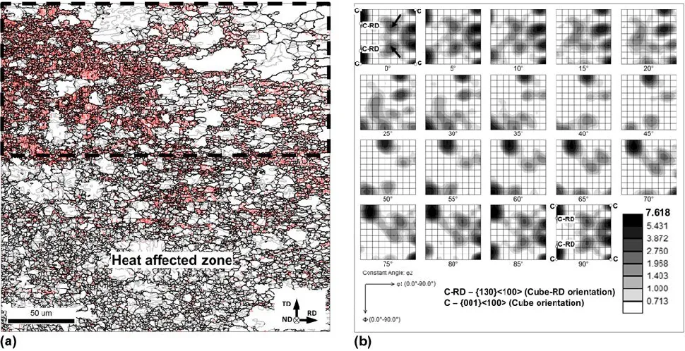 FIG. 11. (a) EBSD grain-boundary map illustrating the grain structure at the moving front of the HAZ in Fig