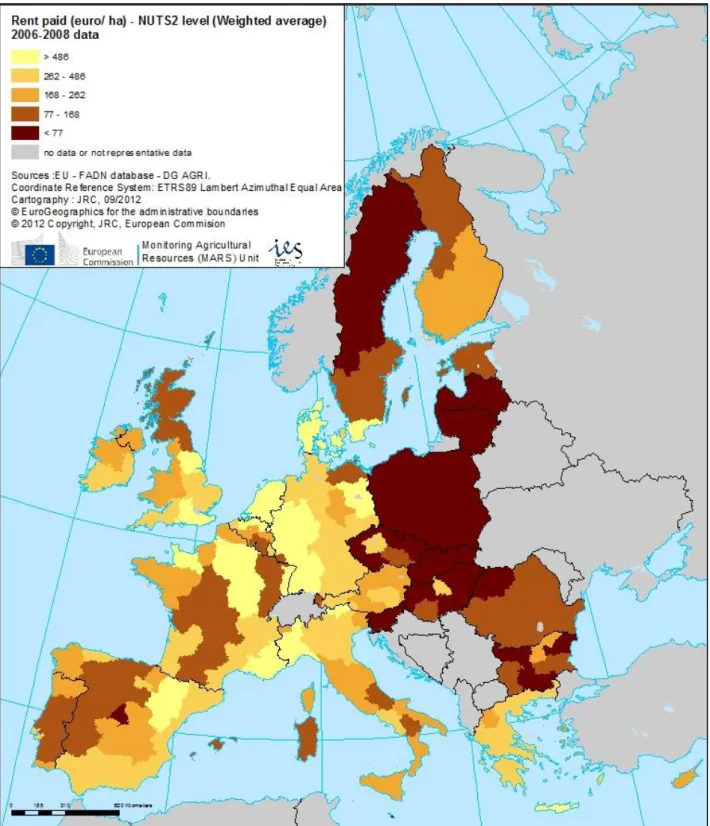 Figure 2: Weighted average value of the rent per ha (euro ha -1 ) paid by holding (NUTS2 level) - quintiles 