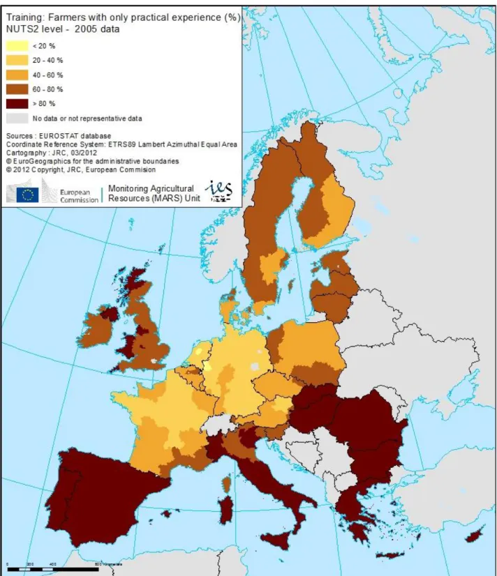 Figure 11: Share (percentage) of farmers with practical experience in 2005 – NUTS2 level  