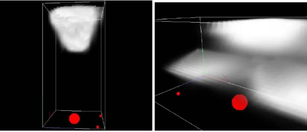 Figure 11: Cumulus (left) and stratus clouds (right) generated with Overby’s method. The red dots in the left image represent heat and vapor sources