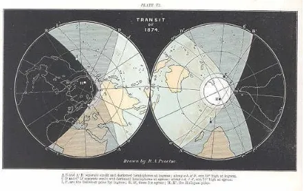 Figure 25:  Visibility of the Transit of Venus in 1874 (After Proctor, 1882b: Plate VI)