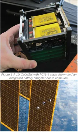 Figure 1 A 1U CubeSat with PC/1-4 stack shown and an integrated battery daughter board at the top