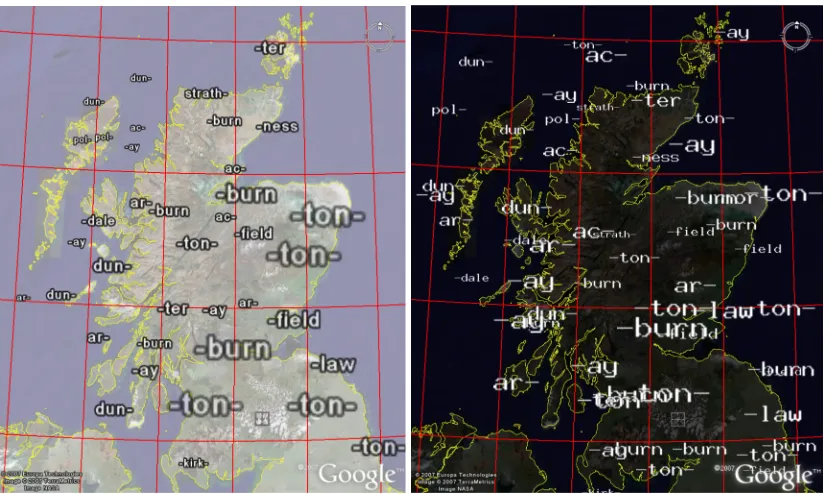 Figure 6: Scottish placename prefixes and suffixes. The top four in each cell have been supplied with GE word culling (left) and without GE word culling (right)