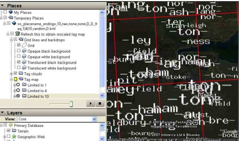 Figure 10: Toggleable layers in Google Earth. Notice the user-defined layer from a KML file “ss_placename…”, containing a NetworkLink (labelled “Refresh this…”, the grid (visible), backgrounds to reduce impact of aerial imagery and “Tag map” folder, and wi