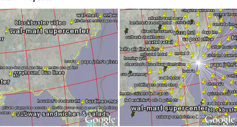 Figure 12: Placemarks have been collapsed into the centres of cells (left). When one is clicked upon, it will ‘explode’ revealing all its contents (right)
