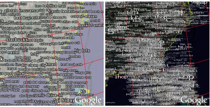 Figure 3: Tag maps in which words are placed at random locations within the cells in which they are important, with GE word culling (left) and without GE word culling (right)