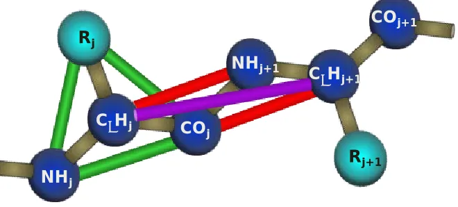 Figure 3. 1  red, and the in brown, pseudoGeometric representation  of polyalanine in PRIME:  The backbone united atoms are colored a dark blue while the side chain (-CH3 for alanine) is colored a light blue