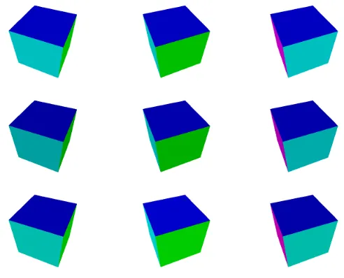 Fig. 10.Some camera views shown during the evolution of the color calibration. Top: original views, Middle: Perturbed views, Bottom: