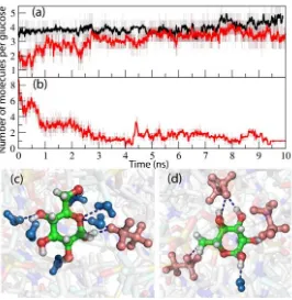 Figure 5.5. Temporal profile of the average number of (a) anions and (b) waters around the glucose in the case of 15 glucose molecules for simulations in ionic liquids (black) and water-mediated ionic liquids (red)