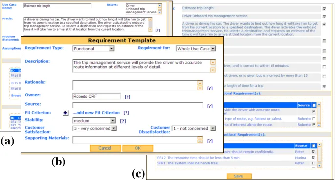 Figure 3. Specification of a use case (a) and requirement (b) in UCaRE, and se-lection of use case and requirements attributes to generate service queries (c)