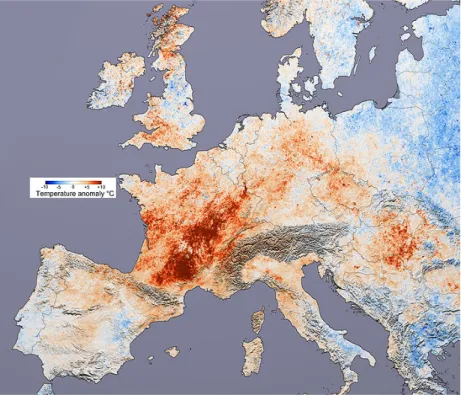 Figure 13.34  Differences in daytime land surface temperatures collected in the two years by the  Moderate Resolution Imaging Spectroradiometer (MODIS) on NASA’s Terra satellite
