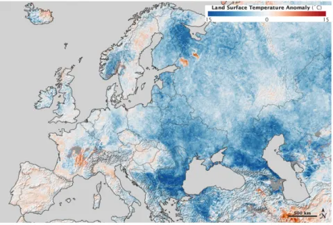 Figure 13.36b  Differences in daytime land surface temperatures collected between 25 Jan and 1  Feb 2012 compared to temperatures for the same dates from 2001 through 2011