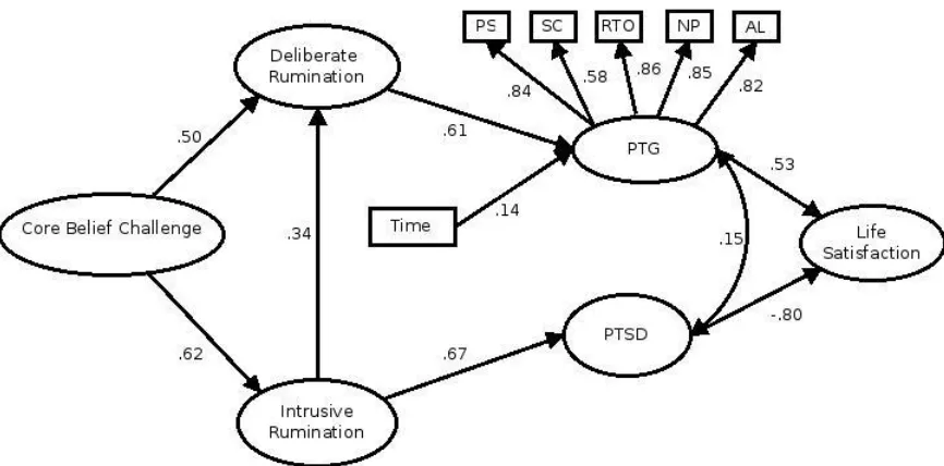 Figure 2. Proposed structural model of posttraumatic growth, PTSD, and satisfaction with life in military Veterans