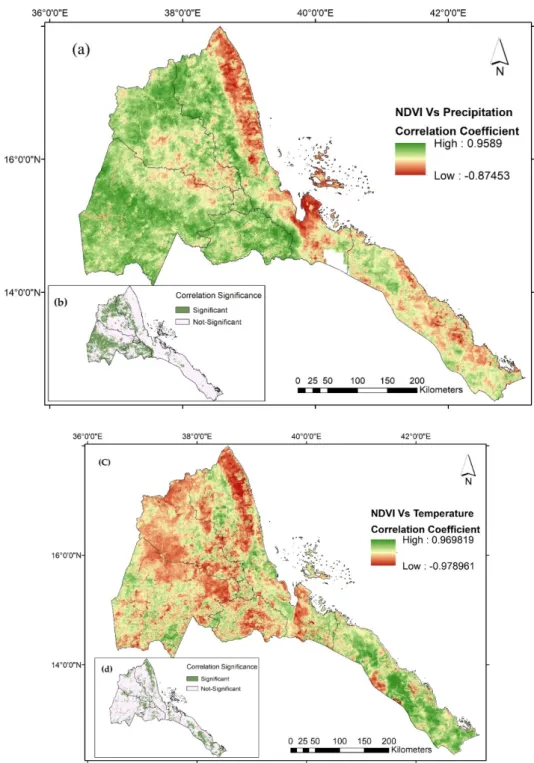 Figure 7. Correlation coefficient between annual mean NDVI versus average total precipitation (a) and  mean annual temperature (c) during 2000–2017 in Eritrea; respective correlation significances (b,d)