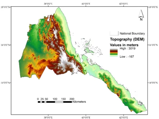 Figure 3. Topographic map of Eritrea (Digital Elevation Modelsource: Shuttle Radar Topography  Mission 30-m resolution)