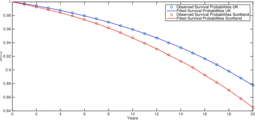 Figure 1. Observed and tted survival probabilities for the Reference and the Portfolio Popula- Popula-tion.