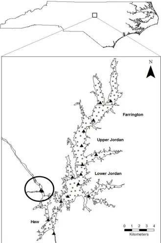 FIGURES  Figure 1.1:  Map of Jordan Lake showing its location in central North Carolina, the tagging 