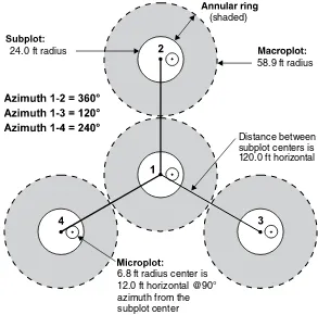 Figure 1.2—The Forest Inventory and Analysis mapped plot design. Subplot 1 is the center of the cluster with subplots 2, 3, and 4 located 120 feet away at azimuths of 360°, 120°, and 240°, respectively (Woudenberg and others 2010).