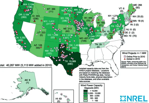 Fig. 1. Location of wind power development in the United States. Note: Numbers within states represent cumulative installed wind capacity and, in parentheses, annual additions in 2010.