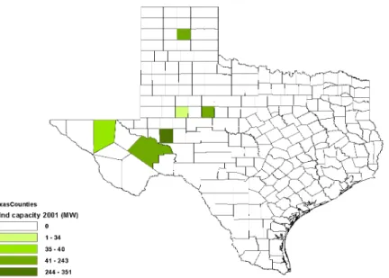 Figure 1: Wind energy generation counties in Texas