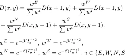 Fig. 2. Rows 1. Interior distance; 2. Exterior distance function. Columns 1. with edge map; 2.with gradient; 3