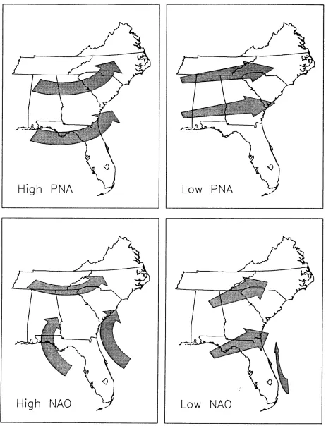 Fig. 1 States with extreme : Highly generalized schematic of the flow patterns over the southeastern United PNA and NAO index values