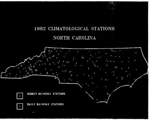Fig. 2: North Carolina daily and hourly precipitation stations active during 1982, as indicated by the GIs (photo from computer color screen) 