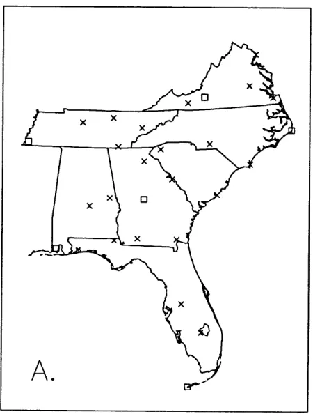 Fig. 3: shown Stations in (A) the 2' x 2' Southeast network (stations with detailed analysis by squares) and (B) the North Carolina network (stations in the mountain 