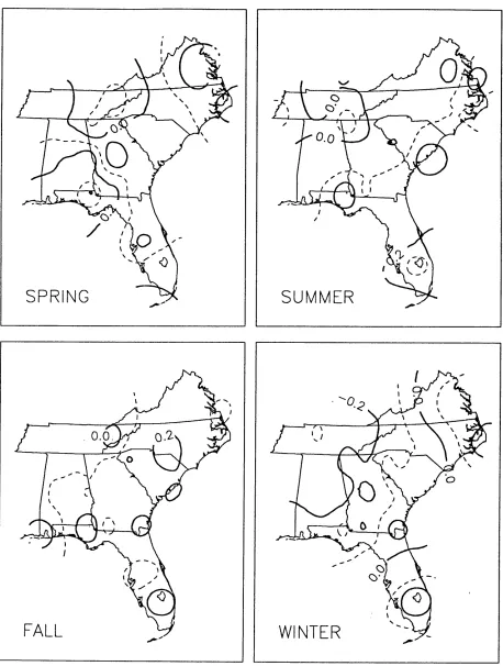 Fig. 24: at the deviation of event amounts per month in the Southeast. Values over Correlation coefficients of the relationship between PNA and the standard .20 are significant -95 level